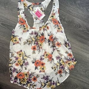 Zoe Floral Racerback Tank Top - White with Orange and Purple Flowers